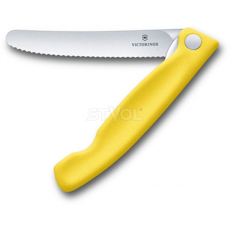 Ніж кухонний складний Victorinox SwissClassic 11 см, серр., заокруглений, жовтий, блістер фото