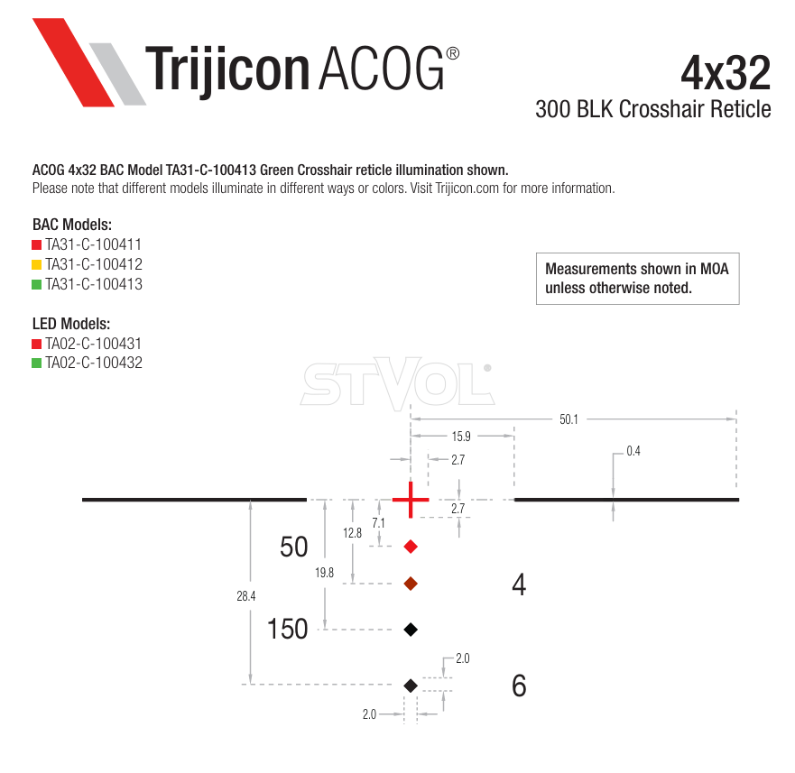 Прицел TRIJICON ACOG 4x32 Dual Illuminated Red Crosshair 300 BLK Merged; TA51 Фото 12