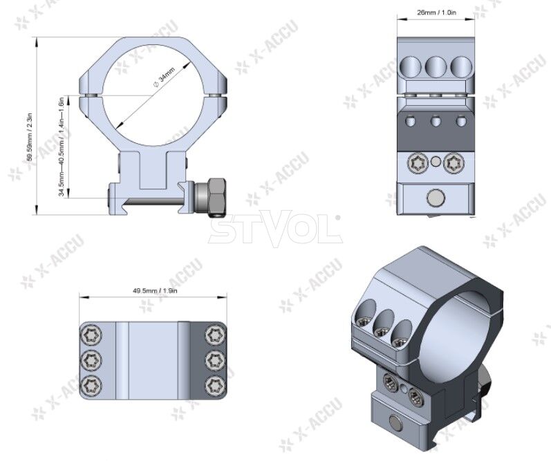 Кольца Vector Optics X-Aссu 34 мм на Вивер/Пикатинни с регулируемой высотой 34,5-40,5 мм Фото 5