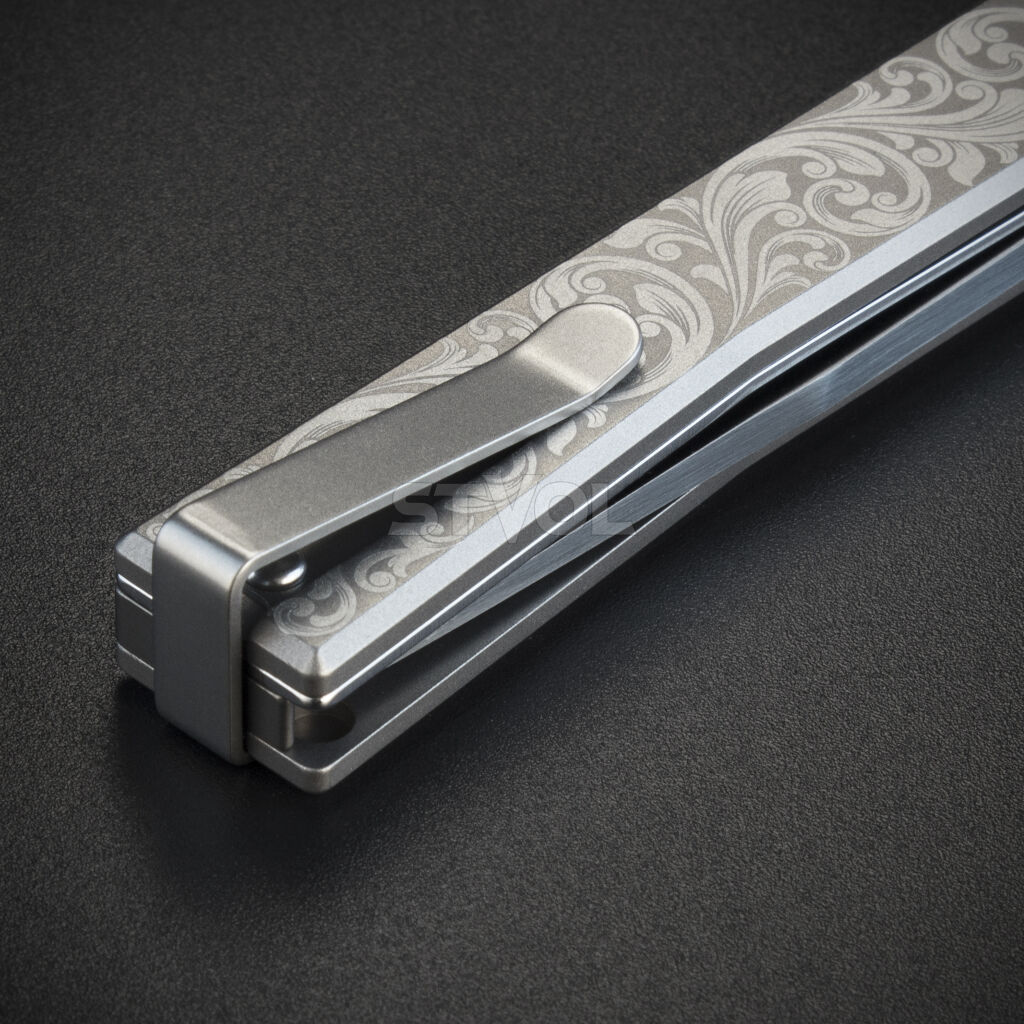 Нож Ocaso "Solstice", Engraved  titanium, Scroll Pattern, Satin Фото 3