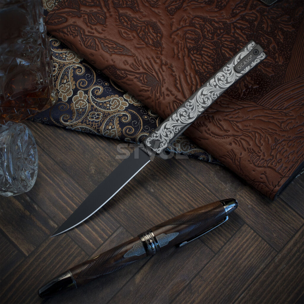 Нож Ocaso "Solstice", Engraved  titanium Scroll Pattern, Black Фото 5
