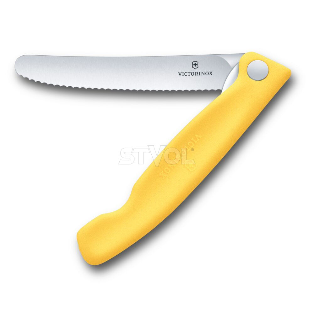 Ніж кухонний складний Victorinox SwissClassic 11 см, серрейтор, заокруглений, жовтий фото