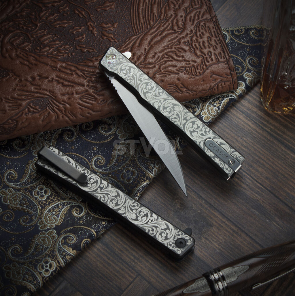 Нож Ocaso "Solstice", Engraved  titanium, Scroll Pattern, Satin Фото 5