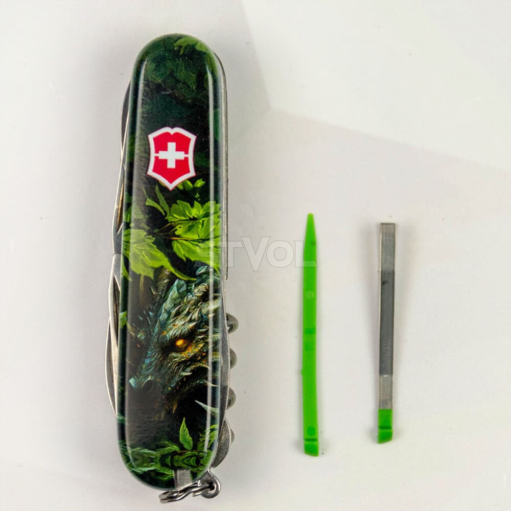 Нож Victorinox Swiss Army Huntsman Zodiac Зеленый деревянный дракон Фото 4