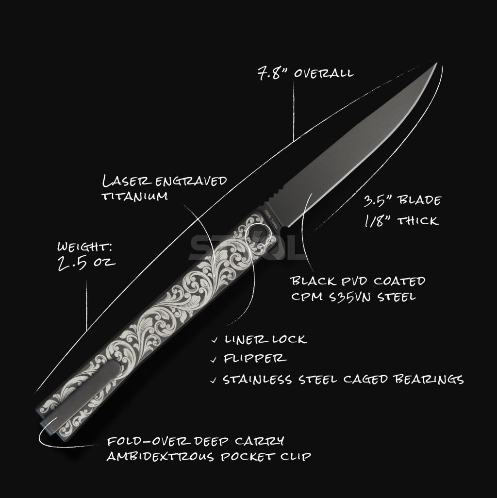 Нож Ocaso "Solstice", Engraved  titanium Scroll Pattern, Black Фото 6