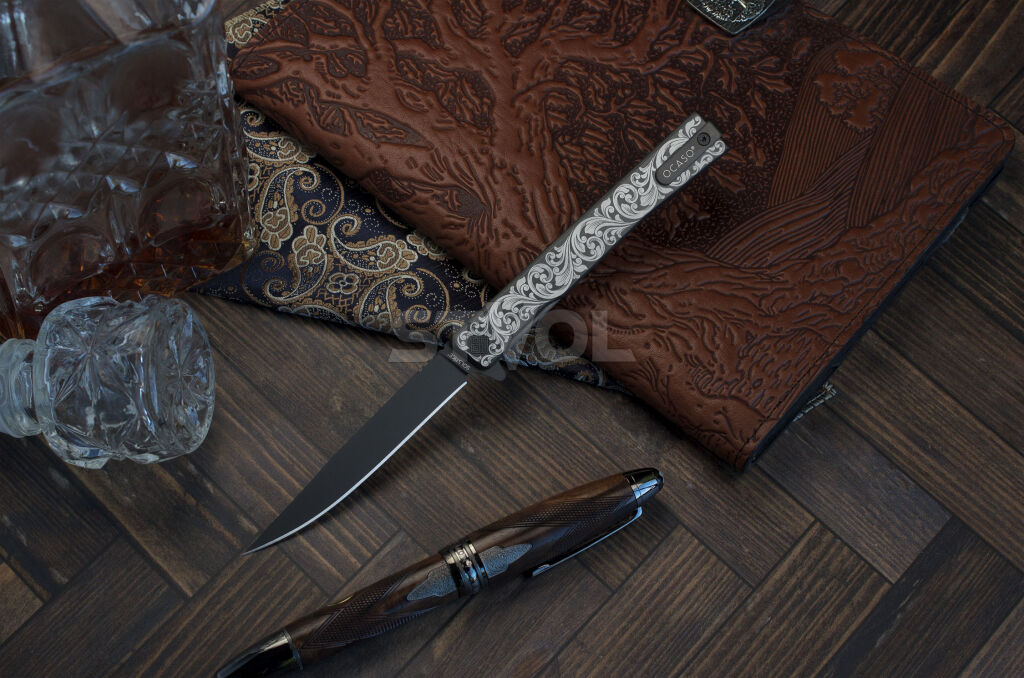 Нож Ocaso "Solstice", Engraved  titanium Scroll Pattern, Black Фото 7