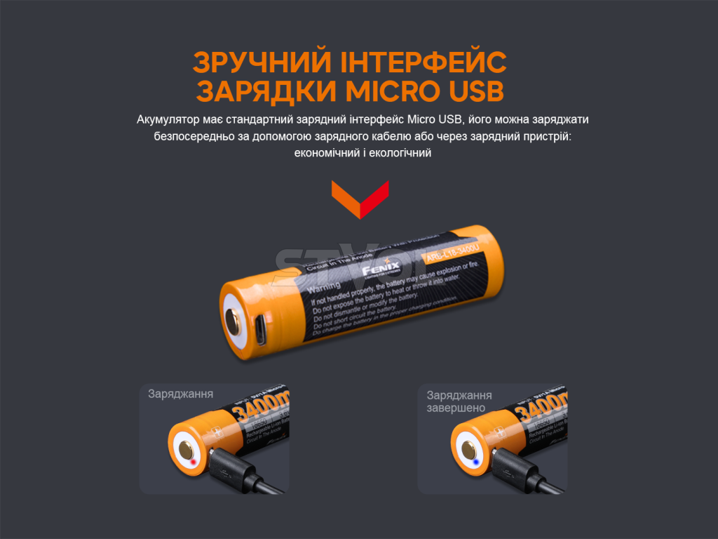 ARB-L18-3400U Акумулятор 18650 Fenix (3400 mAh) micro usb зарядка фото 5
