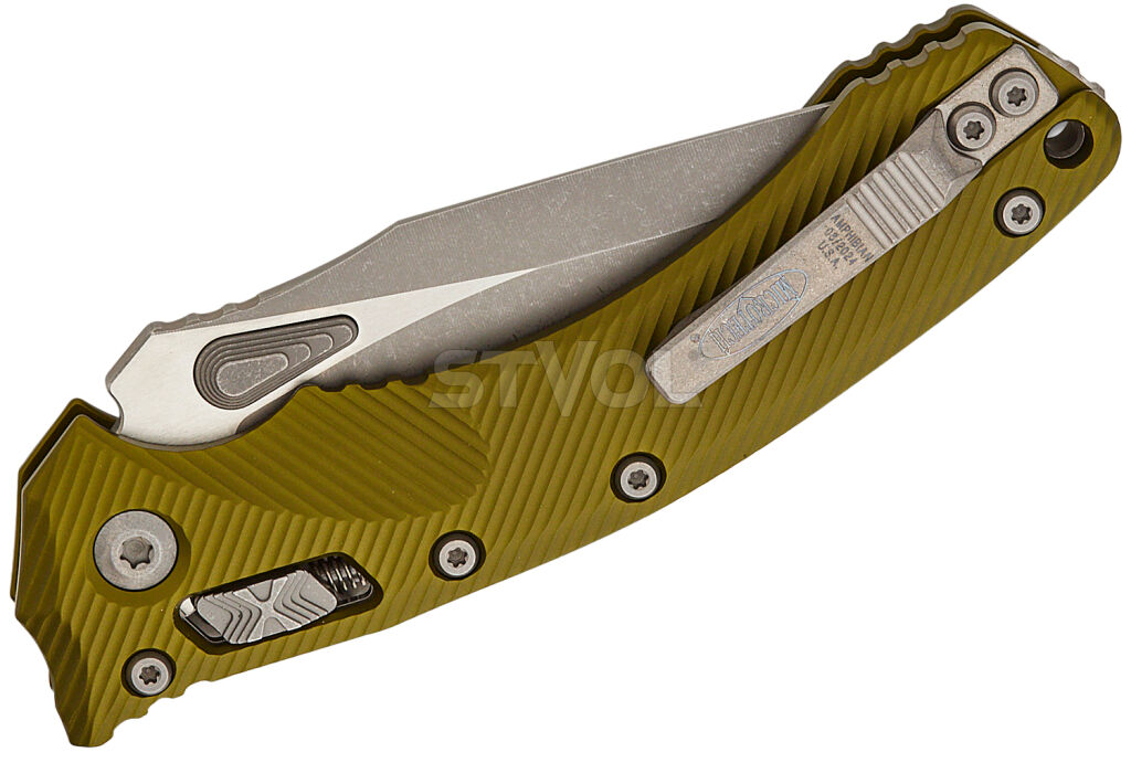 Ніж Microtech Amphibian Ram-Lok, клинок напівсер. Apoc Fluted,  руків'я G10 OD Green фото 4