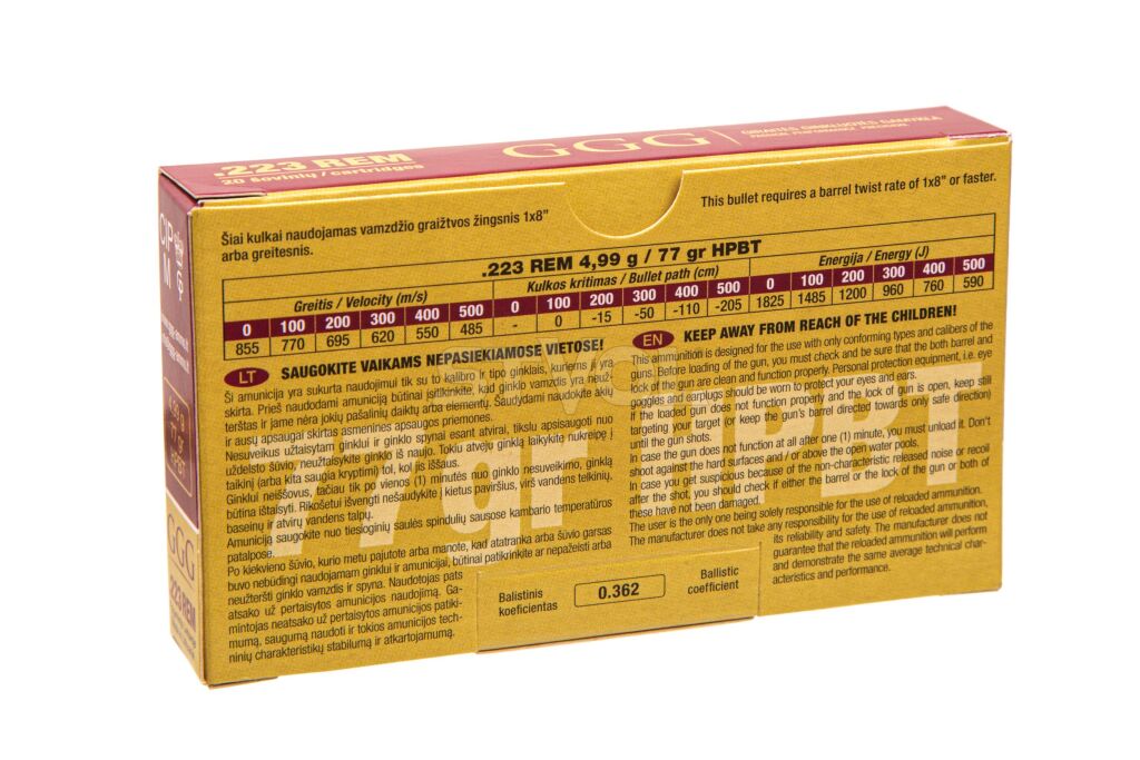 Патрон нарізний GGG k.223 Rem HPBT NOSLER 77GR (4.99 г) фото 2
