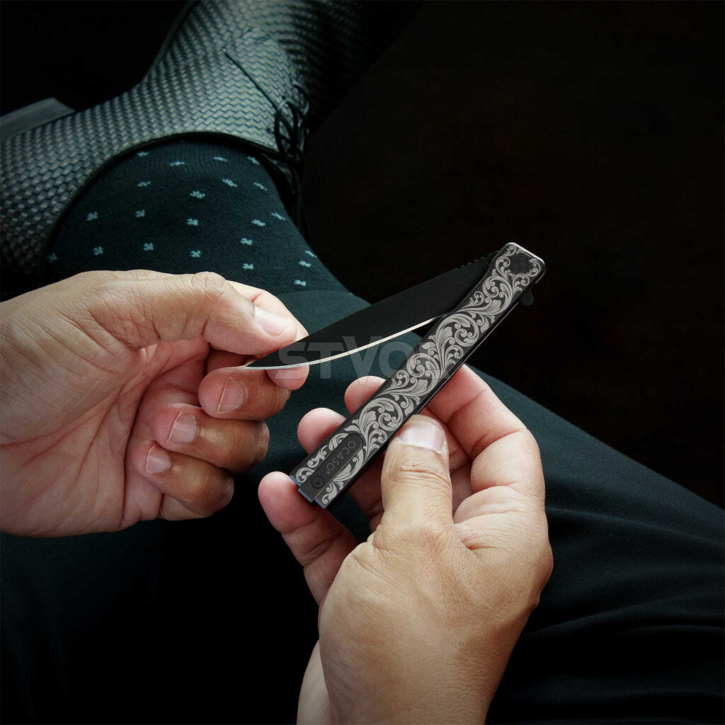 Нож Ocaso "Solstice", Engraved  titanium Scroll Pattern, Black Фото 4