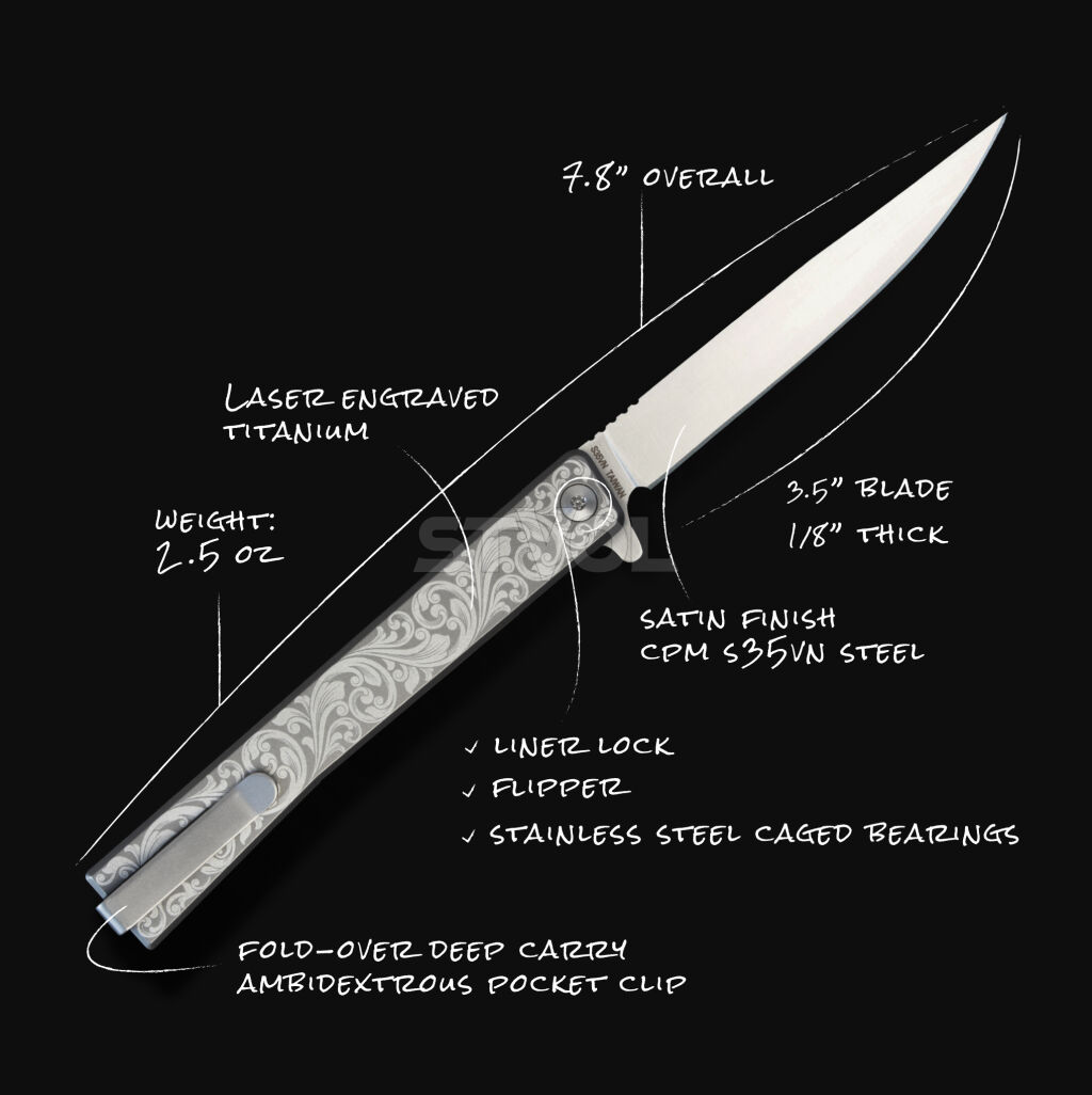 Нож Ocaso "Solstice", Engraved  titanium, Scroll Pattern, Satin Фото 6