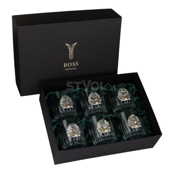 Набор для виски "Охота" Boss Crystal, 6 бокалов, платина, серебро, золото, хрусталь